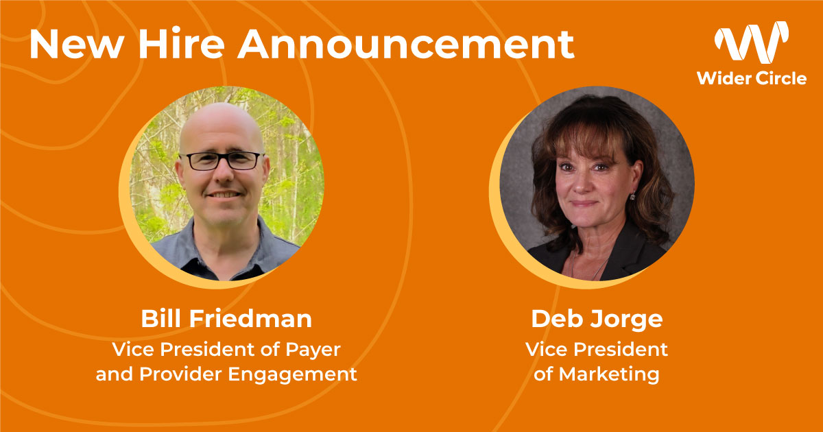 WC-Social-Media_New-Hire_Deb-Jorge-Bill-Friedman_v1a Headshot of Bill Friedman and Deb Jorge on orange background. Title reads "New Hire Announcement"
